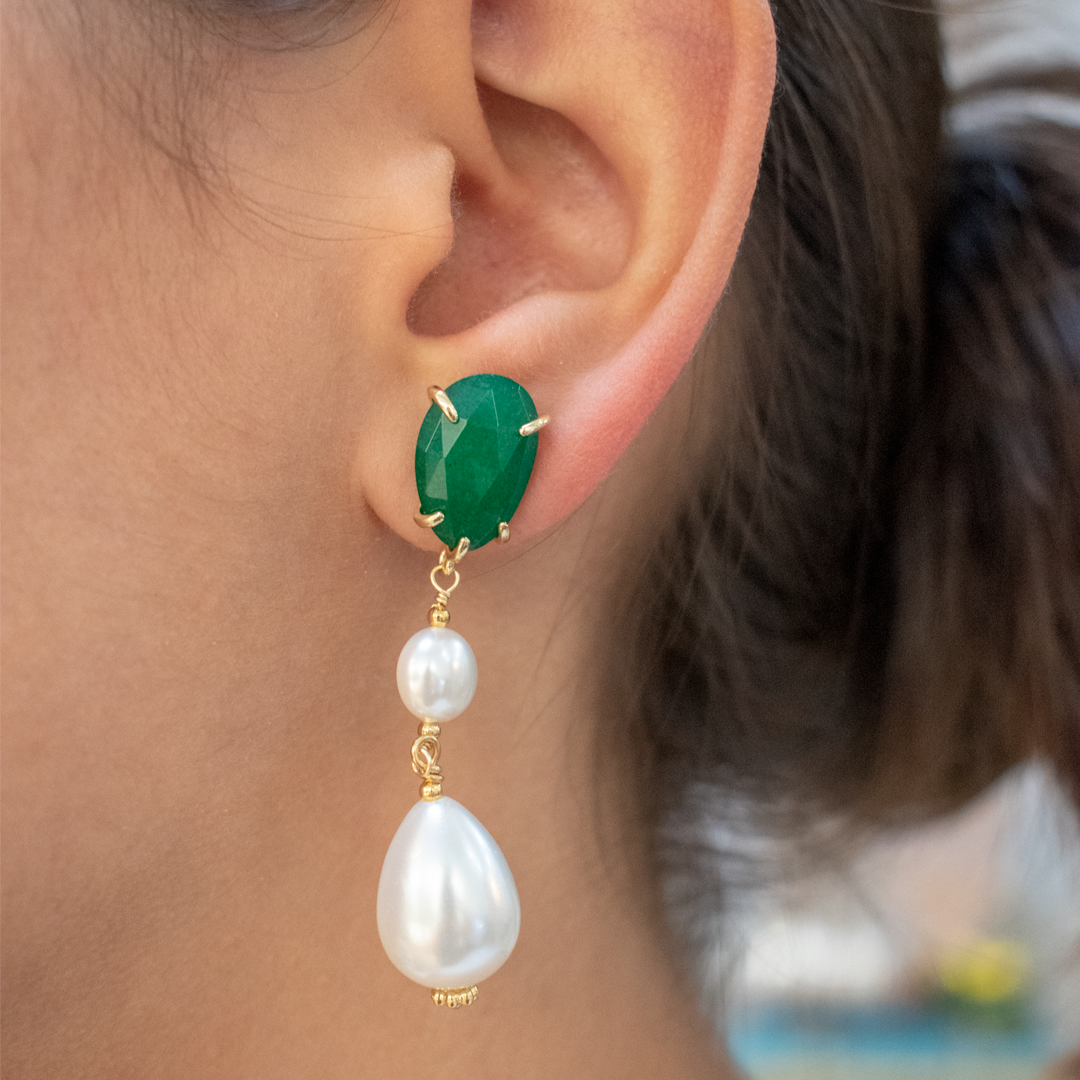Arete Doble Perla con Semipreciosa