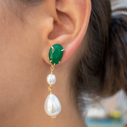 Arete Doble Perla con Semipreciosa